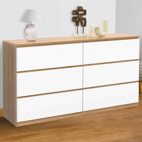 Commode 6 Tiroirs Tomi XXL 140 Cm Bois Façon Hêtre Et Blanc