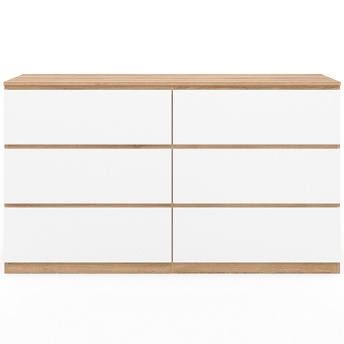 Commode 6 Tiroirs Tomi XXL 140 Cm Bois Façon Hêtre Et Blanc