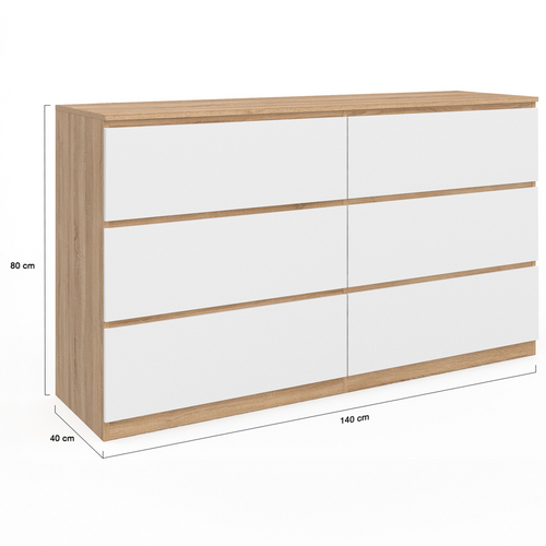 Commode 6 Tiroirs Tomi XXL 140 Cm Bois Façon Hêtre Et Blanc