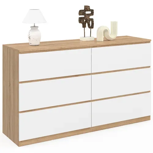 Commode 6 Tiroirs Tomi XXL 140 Cm Bois Façon Hêtre Et Blanc