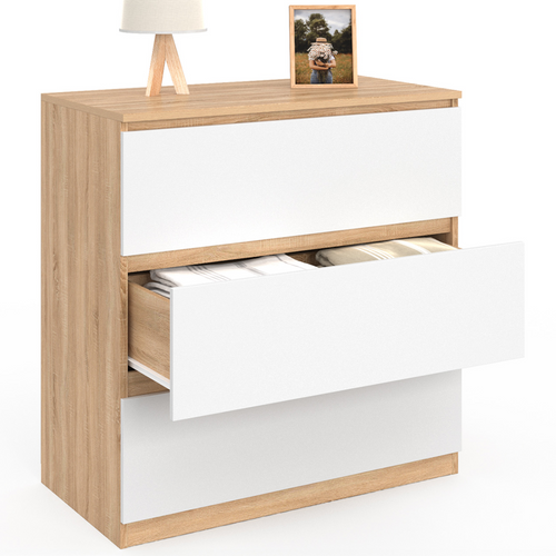Commode 3 Tiroirs Tomi 78 Cm Façon Hêtre Et Blanc