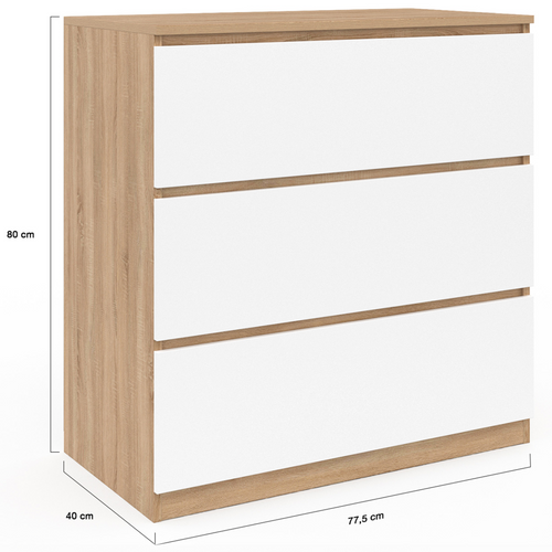 Commode 3 Tiroirs Tomi 78 Cm Façon Hêtre Et Blanc