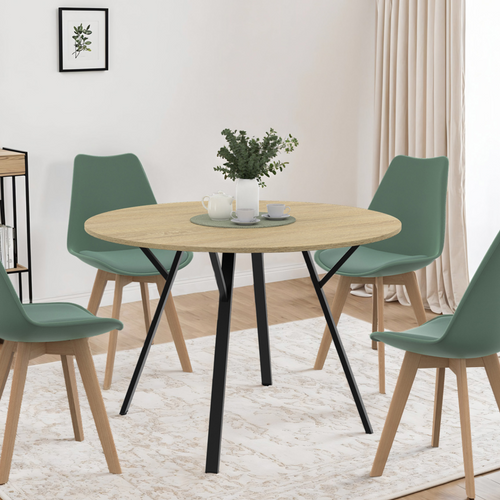 Table à Manger Fixe Ronde Yseult 4-6 Personnes Bois Et Noir Design Industriel 110 Cm