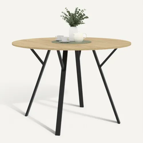 Table à Manger Fixe Ronde Yseult 4-6 Personnes Bois Et Noir Design Industriel 110 Cm