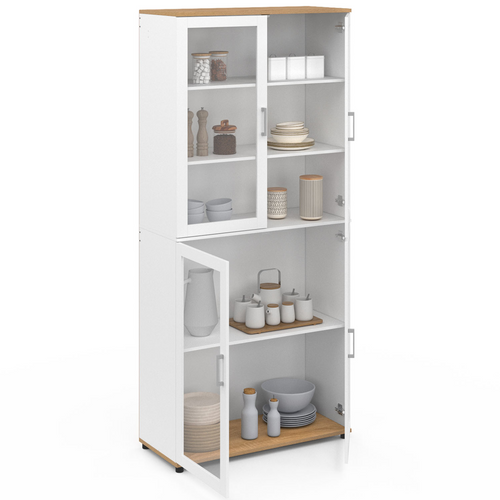 Vitrine Buffet Haut H. 176 Cm Vaisselier Vito 4 Portes Vitrées Blanc Et Bois