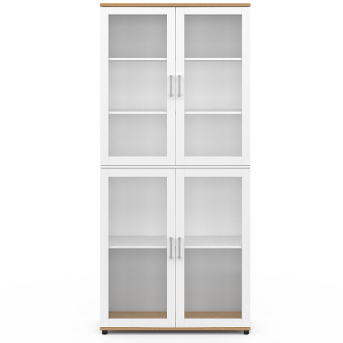 Vitrine Buffet Haut H. 176 Cm Vaisselier Vito 4 Portes Vitrées Blanc Et Bois