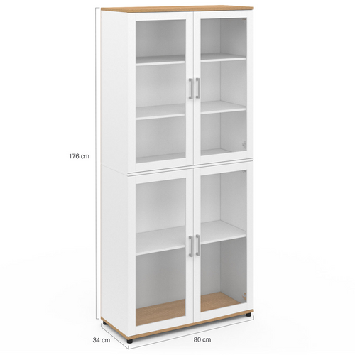Vitrine Buffet Haut H. 176 Cm Vaisselier Vito 4 Portes Vitrées Blanc Et Bois