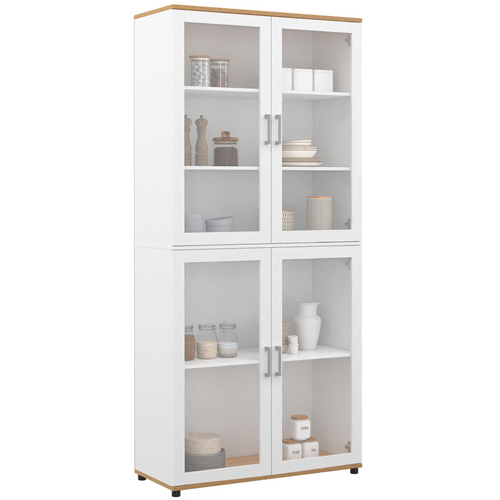 Vitrine Buffet Haut H. 176 Cm Vaisselier Vito 4 Portes Vitrées Blanc Et Bois