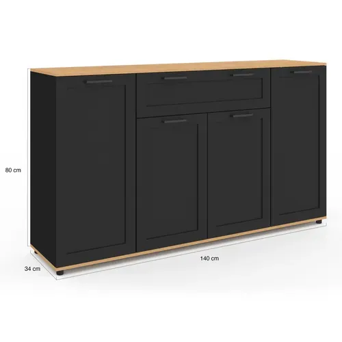 Buffet 140 Cm Vito 4 Portes Et 1 Tiroir Noir Et Bois
