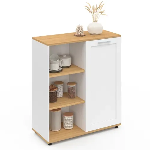 Buffet D'appoint 70 Cm Vito 3 Étagères Et Placard Blanc Et Plateau Bois