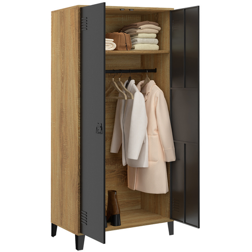 Armoire Vestiaire Penderie Ester 2 Portes Métal Noir Et Contour Bois Design Industriel