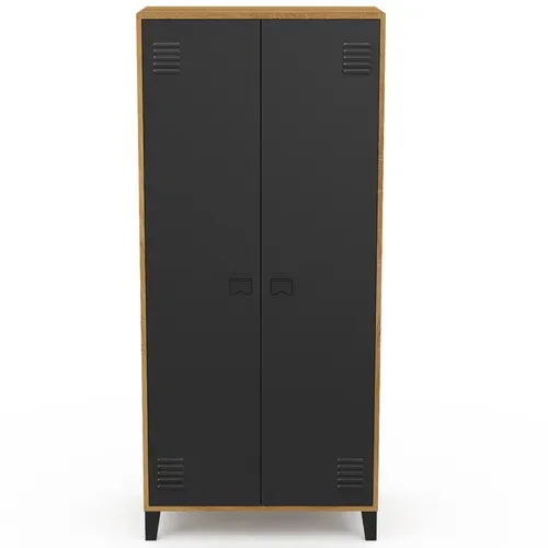 Armoire Vestiaire Penderie Ester 2 Portes Métal Noir Et Contour Bois Design Industriel