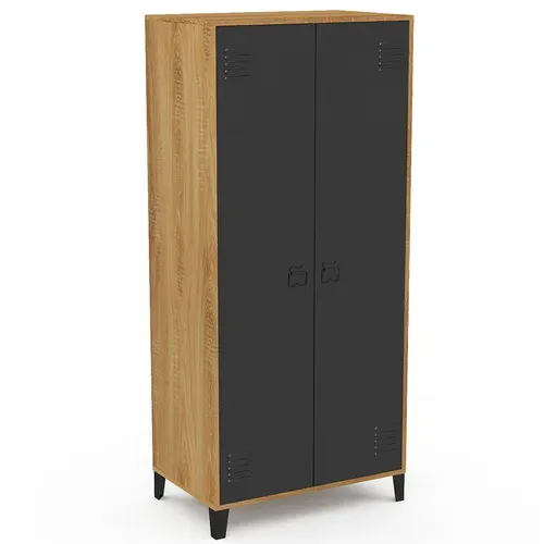 Armoire Vestiaire Penderie Ester 2 Portes Métal Noir Et Contour Bois Design Industriel