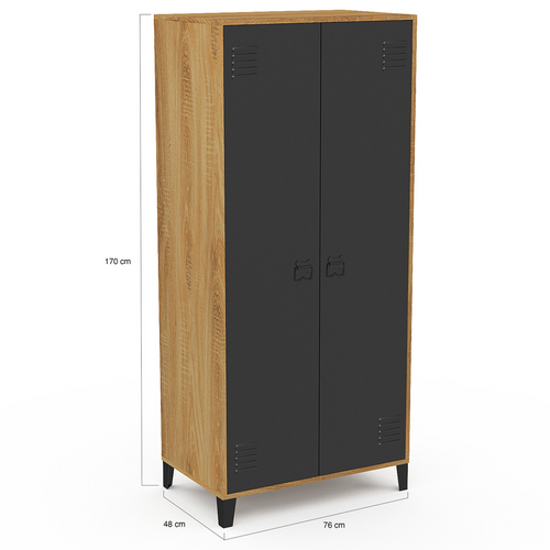 Armoire Vestiaire Penderie Ester 2 Portes Métal Noir Et Contour Bois Design Industriel