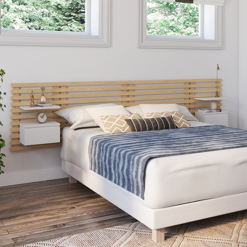 Tête De Lit Suspendue En Lattes Ava 240 Cm Avec Chevets + Tiroir Façon Bois Clair Et Blanc