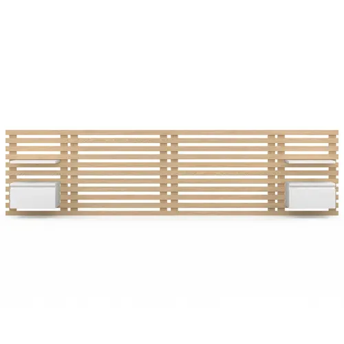 Tête De Lit Suspendue En Lattes Ava 240 Cm Avec Chevets + Tiroir Façon Bois Clair Et Blanc