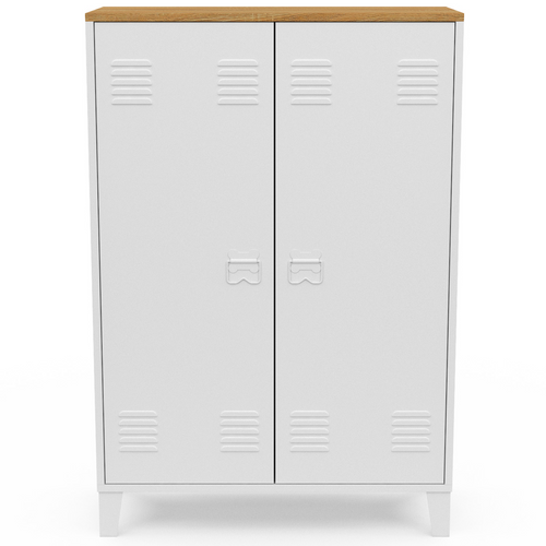Armoire Basse Ester 2 Portes Métal Blanc Et Plateau Bois Design Industriel