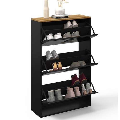 Meuble à Chaussures Maxi Capacité Ester 3 Portes 18 Paires Métal Noir Et Plateau Bois