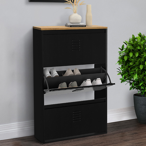 Meuble à Chaussures Maxi Capacité Ester 3 Portes 18 Paires Métal Noir Et Plateau Bois