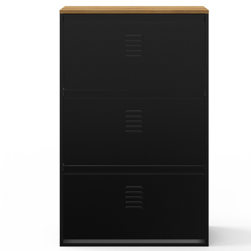 Meuble à Chaussures Maxi Capacité Ester 3 Portes 18 Paires Métal Noir Et Plateau Bois