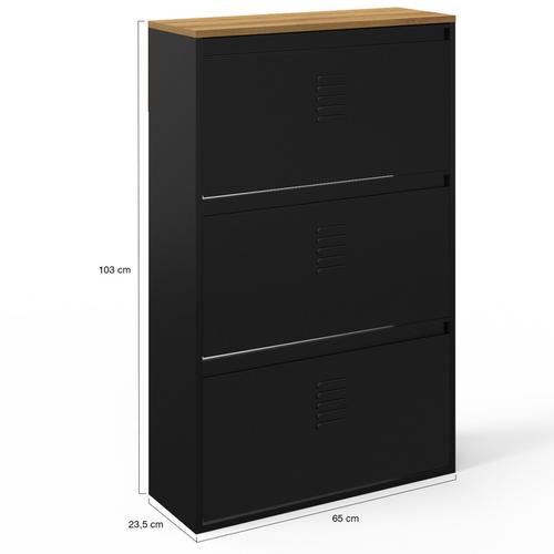 Meuble à Chaussures Maxi Capacité Ester 3 Portes 18 Paires Métal Noir Et Plateau Bois
