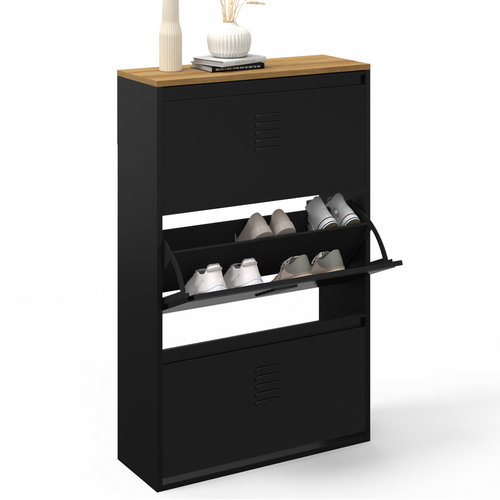 Meuble à Chaussures Maxi Capacité Ester 3 Portes 18 Paires Métal Noir Et Plateau Bois