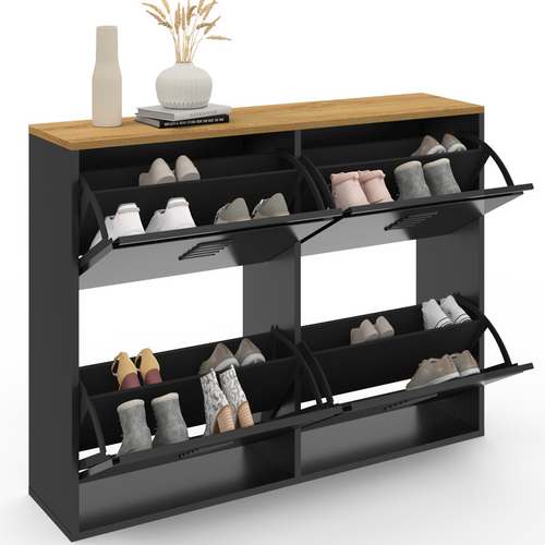 Meuble à Chaussures 20 Paires Ester 4 Portes Métal Noir Et Plateau Façon Hêtre Design Industriel