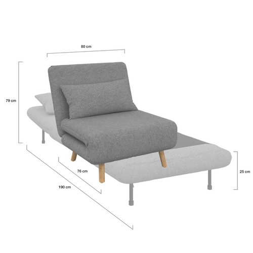 Fauteuil Convertible Romeo Lit D'appoint 1 Place 80x190 Cm Tissu Gris Clair