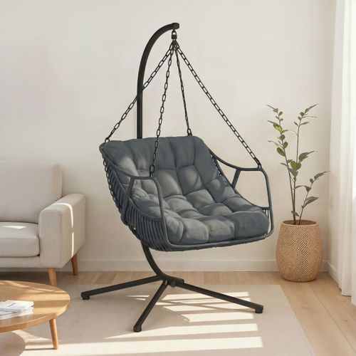Fauteuil Suspendu Relax Loa Ajouré Effet Rotin Gris Avec Coussin Gris