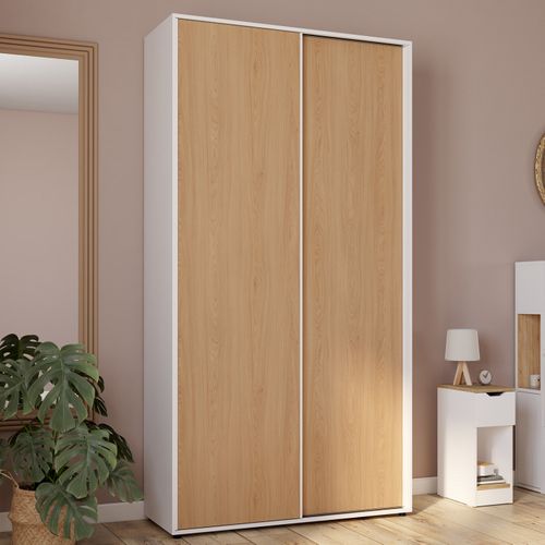 Armoire 2 Portes Coulissantes Slidea Blanc Et Bois Penderie 100 Cm Avec étagères Rangement Maxi Capa