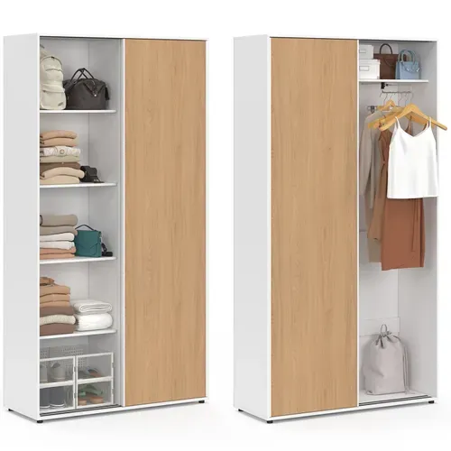 Armoire 2 Portes Coulissantes Slidea Blanc Et Bois Penderie 100 Cm Avec étagères Rangement Maxi Capa