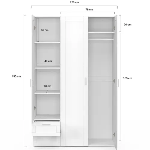 Armoire 3 Portes Vito Blanc Penderie 120 Cm Avec 2 Tiroirs Et étagères