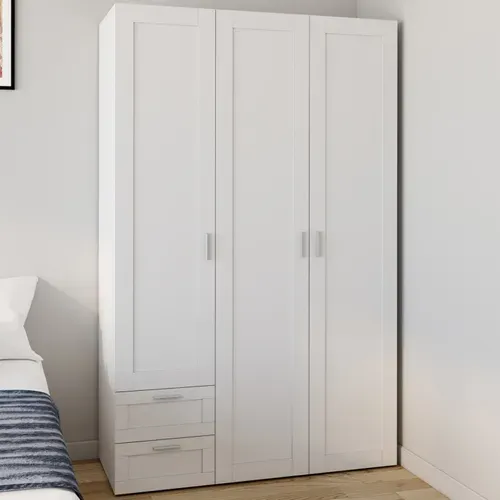 Armoire 3 Portes Vito Blanc Penderie 120 Cm Avec 2 Tiroirs Et étagères