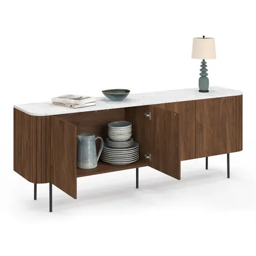 Buffet Bas 160 Cm Marla 4 Portes Effet Noyer Et Lattes Et Plateau Marbre Blanc Alaska