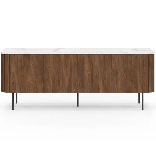 Buffet Bas 160 Cm Marla 4 Portes Effet Noyer Et Lattes Et Plateau Marbre Blanc Alaska