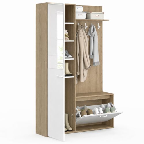 Vestiaire D'entrée Rangement Chaussures Avec Miroir Et étagères Mahaut 1 Porte Effet Bois Et Blanc