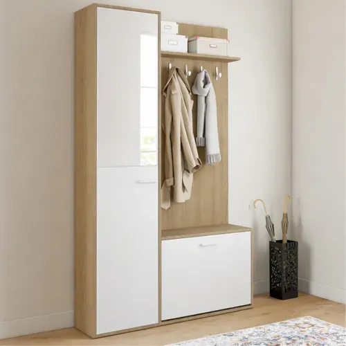 Vestiaire D'entrée Rangement Chaussures Avec Miroir Et étagères Mahaut 1 Porte Effet Bois Et Blanc