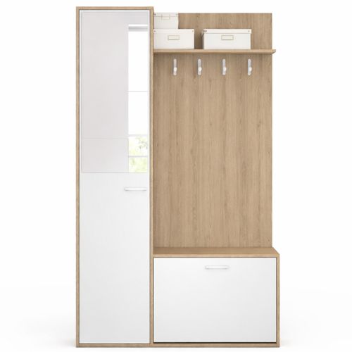 Vestiaire D'entrée Rangement Chaussures Avec Miroir Et étagères Mahaut 1 Porte Effet Bois Et Blanc