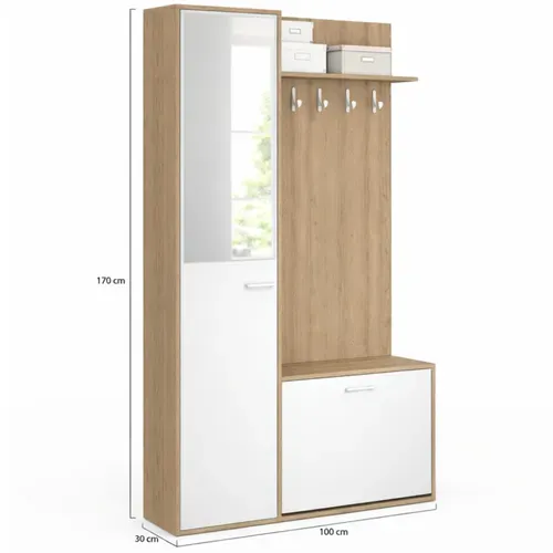 Vestiaire D'entrée Rangement Chaussures Avec Miroir Et étagères Mahaut 1 Porte Effet Bois Et Blanc