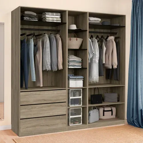 Dressing Modulable Taylor 200 X 55 X 200 Cm 3 Modules Avec Penderies + Étagères + Tiroirs Hêtre