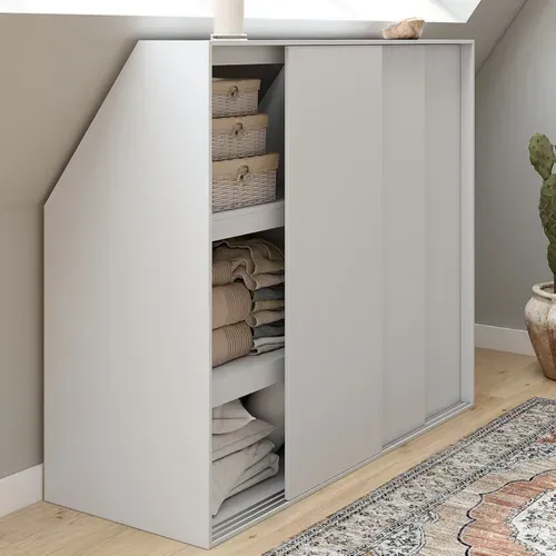 Armoire Sous Pente 3 Portes Coulissantes 3 Niveaux Tomi 130 X 50 X 70/110 Cm Blanc