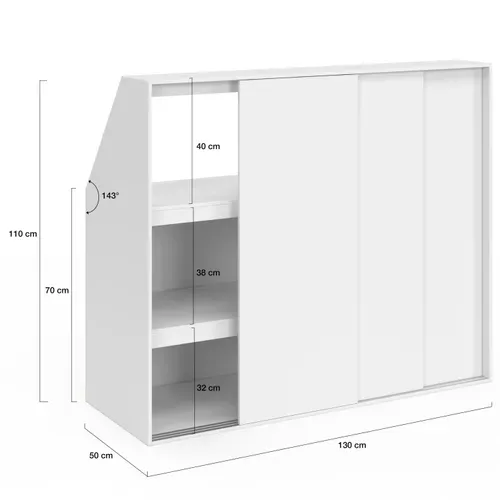 Armoire Sous Pente 3 Portes Coulissantes 3 Niveaux Tomi 130 X 50 X 70/110 Cm Blanc