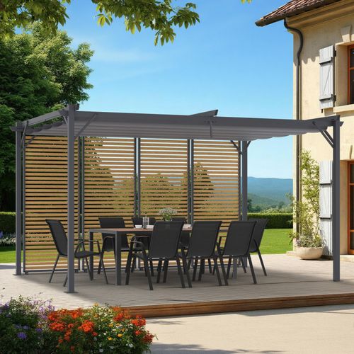 Pergola édition Collector Persiennes Horizontales Effet Bois Et Toit Rétractable 3x4m 4 Pans Modulab