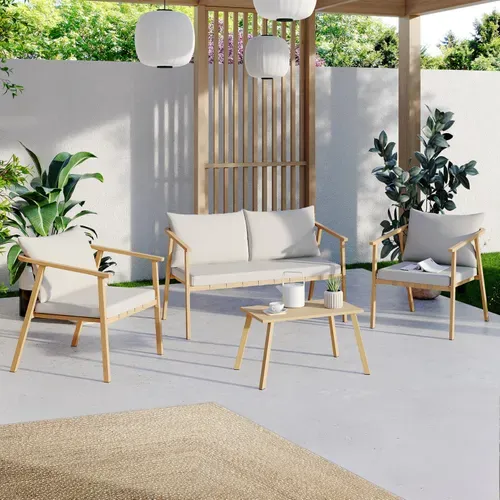 Salon De Jardin Bas Malta 4 Places Structure En Métal Effet Bois, Lanières Et Coussins Beiges