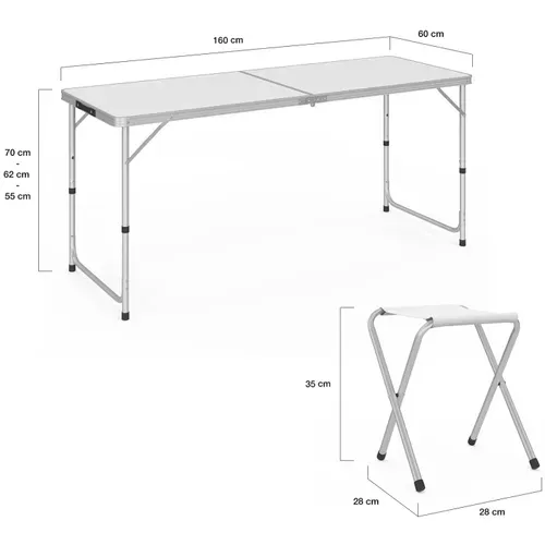Table De Camping Pliante Réglable En Hauteur 160 Cm Et 6 Tabourets Blancs