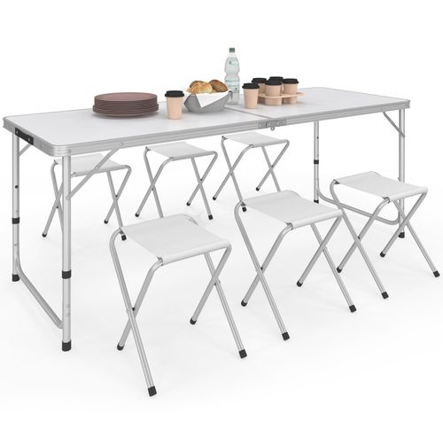 Table De Camping Pliante Réglable En Hauteur 160 Cm Et 6 Tabourets Blancs