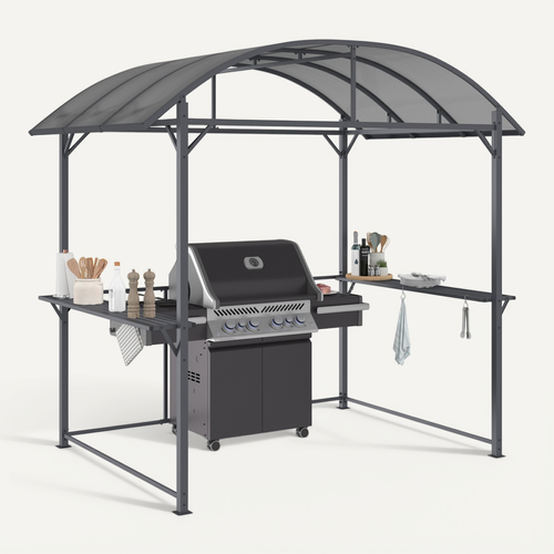 Abri Pour Barbecue 240 X 150 X 220 Cm Avec étagères, En Métal Gris Et Toit En Polycarbonate