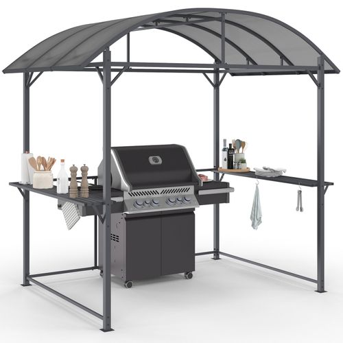 Abri Pour Barbecue 240 X 150 X 220 Cm Avec étagères, En Métal Gris Et Toit En Polycarbonate