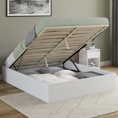 Lit Coffre Double Sandside Avec Sommier 160 X 200 Cm Blanc