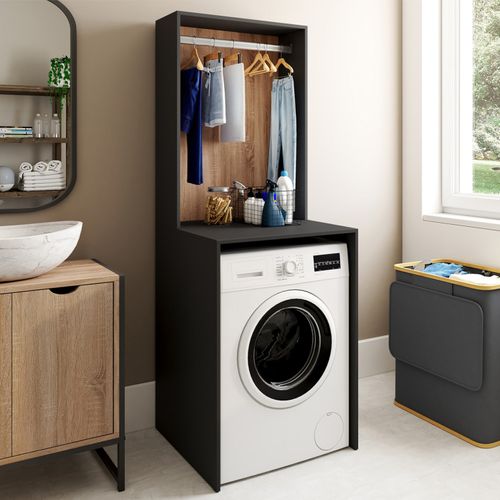 Meuble Dessus Machine à Laver Avec Penderie Wallis Noir Et Bois Façon Hêtre